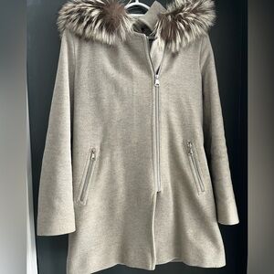 Gray Hooded Wool Coat with Fur Trim